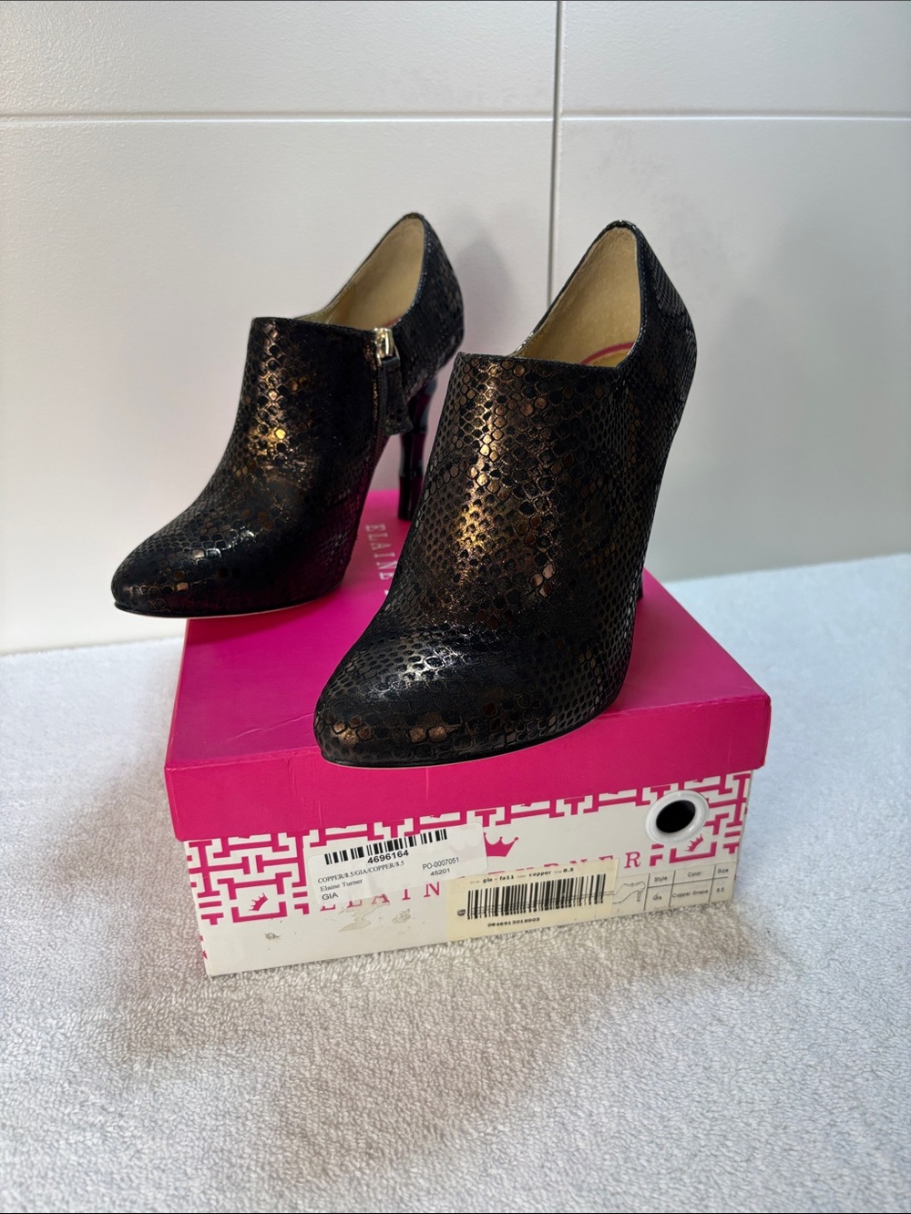 Elaine Turner GIA Black Snakeskin Pointed Toe Heeled Ankle Booties